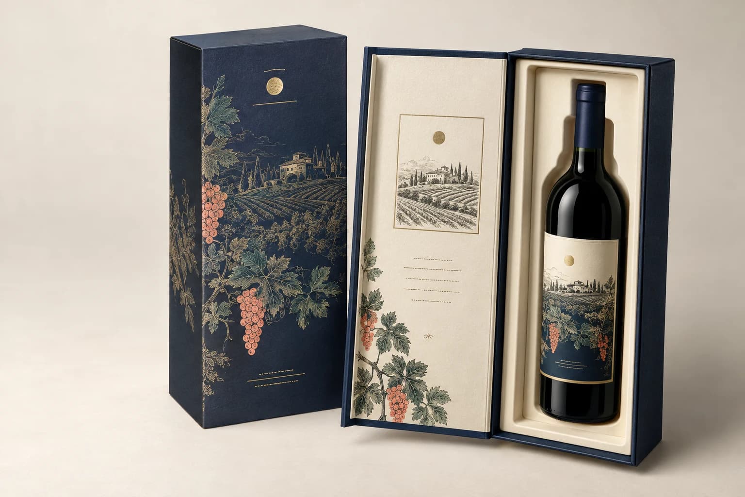 Caja de vino ilustrativa: Cavidad de botella en forma precisa, escote, paredes rígidas y envoltorio de presentación impreso.