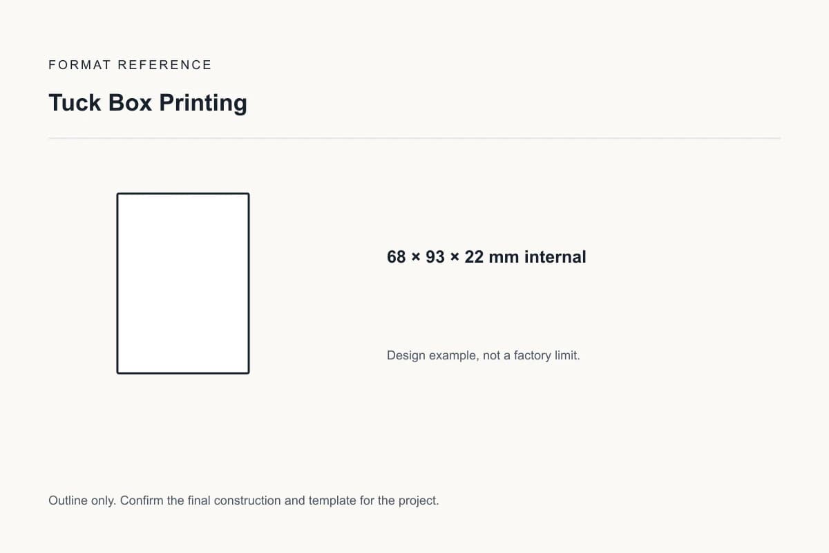 Reference format for tuck box printing: 68 × 93 × 22 mm internal; design example, not a production dieline