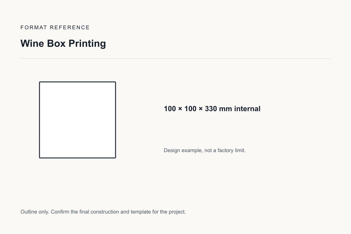 Reference format for wine box printing: 100 × 100 × 330 mm internal; design example, not a production dieline
