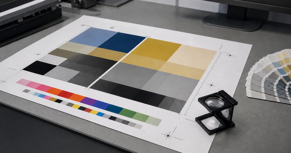 Prepress proofing desk with abstract color proof, loupe, and registration marks