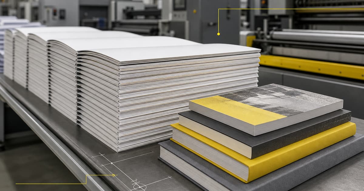 Aligned book signatures and finished hardcovers beside an industrial binding line
