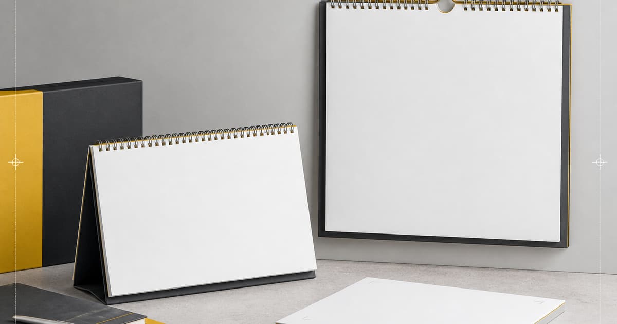 Blank wire-bound desk and wall calendar samples with premium finishing details