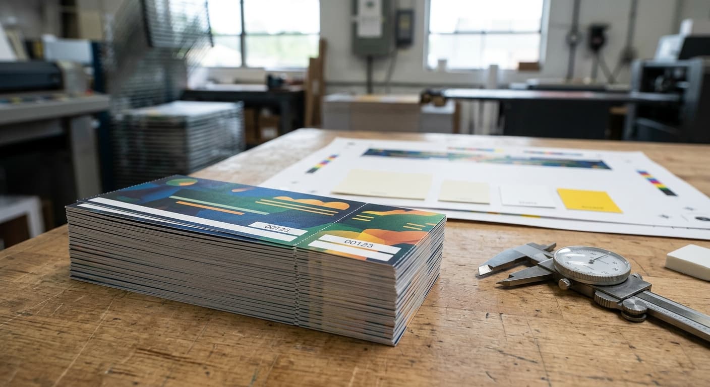 Custom event tickets with numbered stubs and perforation on a commercial printing quality-control table