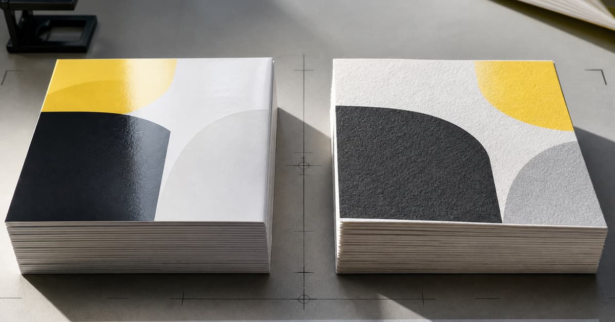 Coated and uncoated paper stacks under raking light showing sheen and textured tooth