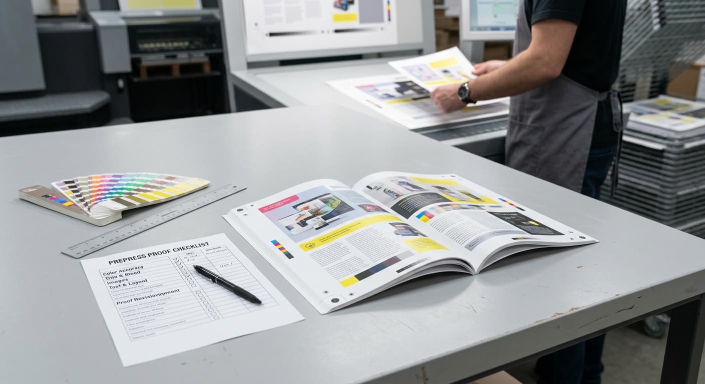 Commercial printing proof with revision checklist and CMYK swatches