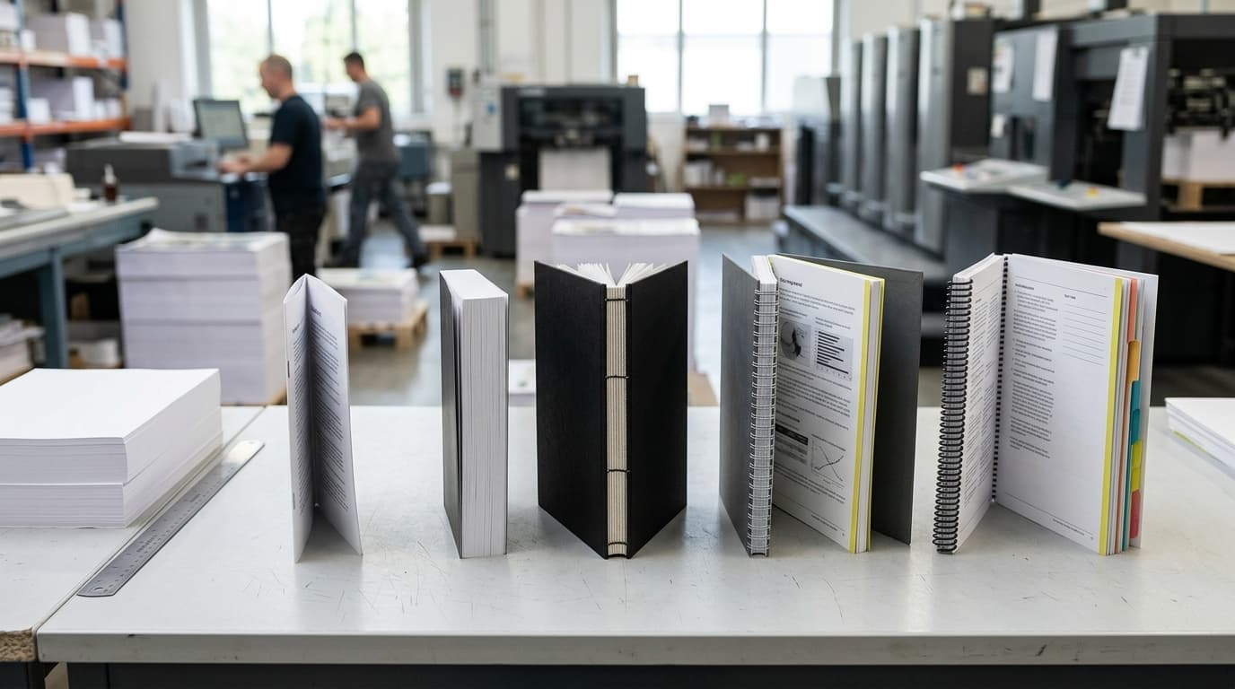 Comparison of workbook binding options including saddle stitch, paperback, sewn, Wire-O, and spiral formats