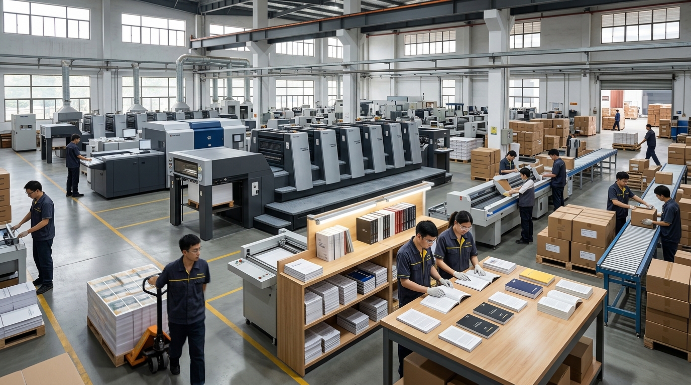 Fábrica de impresión comercial con operaciones de producción y embalaje de libros