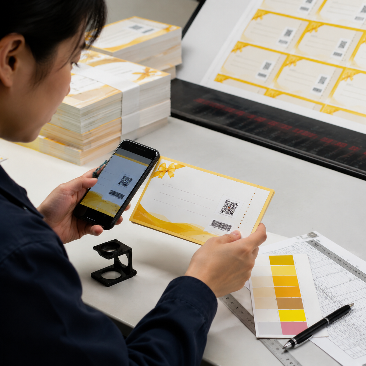 Inspecteur de la qualité testant une épreuve de certificat-cadeau imprimé et un code QR