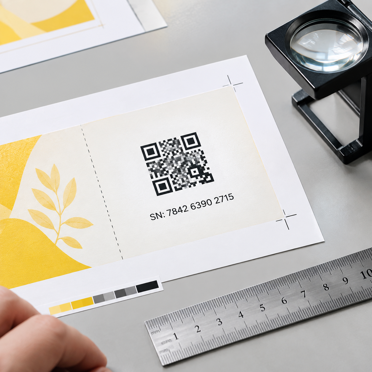Prueba de un vale con código QR que muestra un número de serie de ejemplo y espacio libre alrededor del código