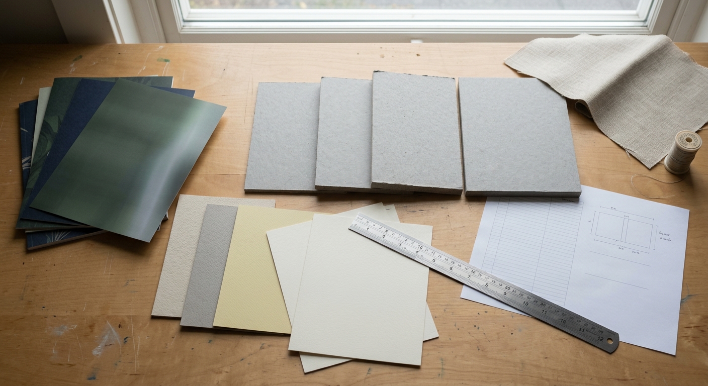 Échantillons de carton, de papier, de revêtement et de pages de garde pour définir un livre à couverture rigide
