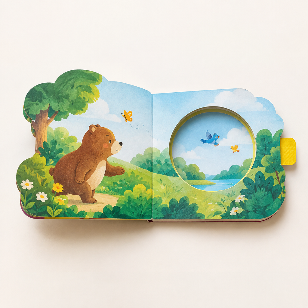 Doble página de un libro de cartón con ventana troquelada y pestaña de página