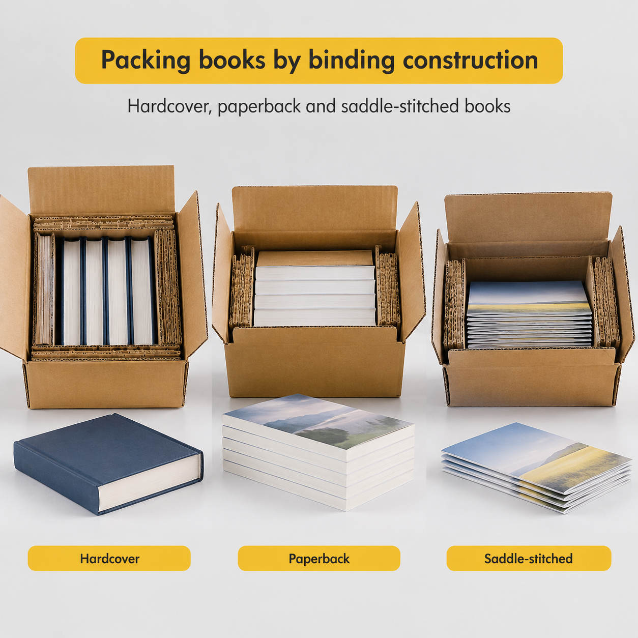 Métodos de embalaje adaptados a libros de tapa dura, tapa blanda y grapados a caballete