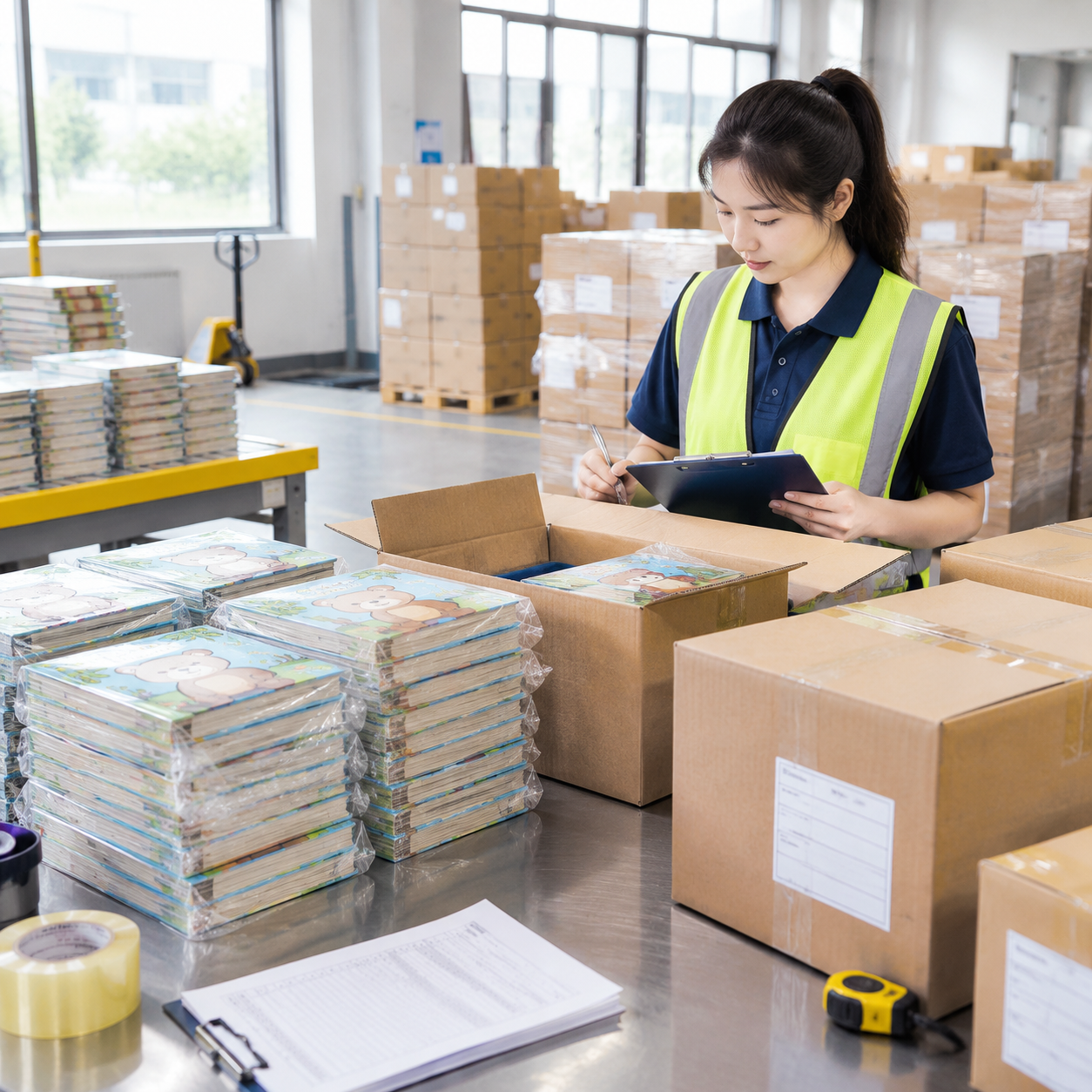 Libros de cartón terminados en proceso de comprobación y embalaje en cajas de exportación