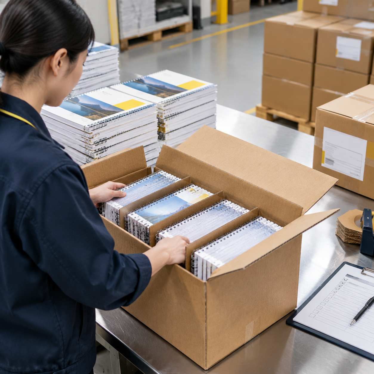 Cahiers d’exercices à ouverture à plat protégés par des intercalaires dans des cartons d’exportation