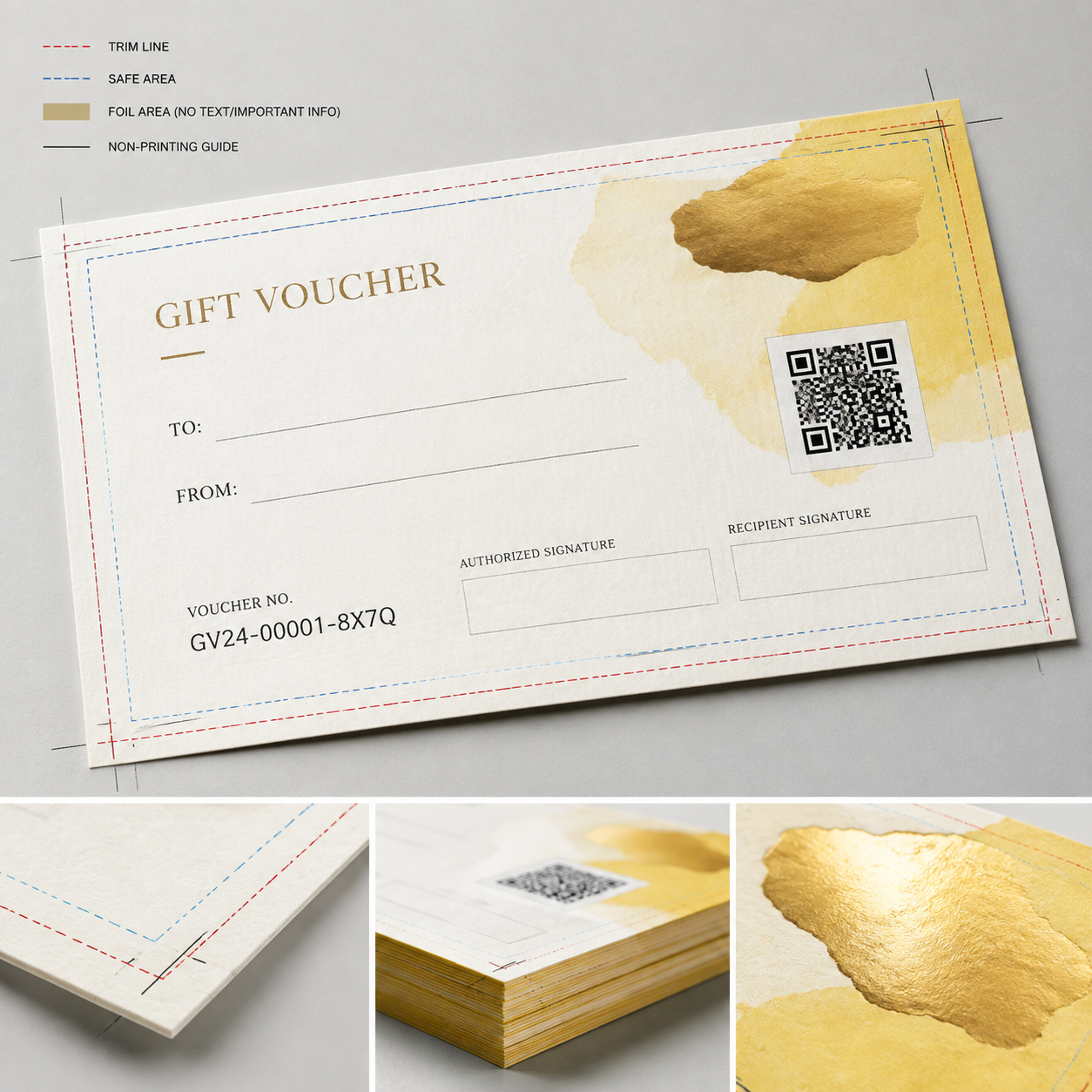 Mise en page de bon cadeau avec champs d’écriture et zone protégée autour du code QR