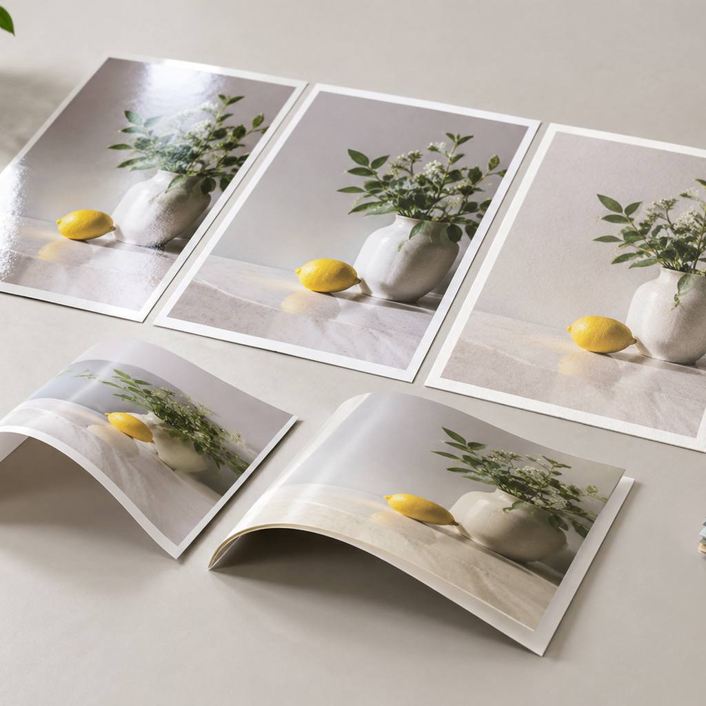 Muestras ilustrativas de papel para catálogos que comparan superficies estucadas y no estucadas, con hojas de interior y cubierta.