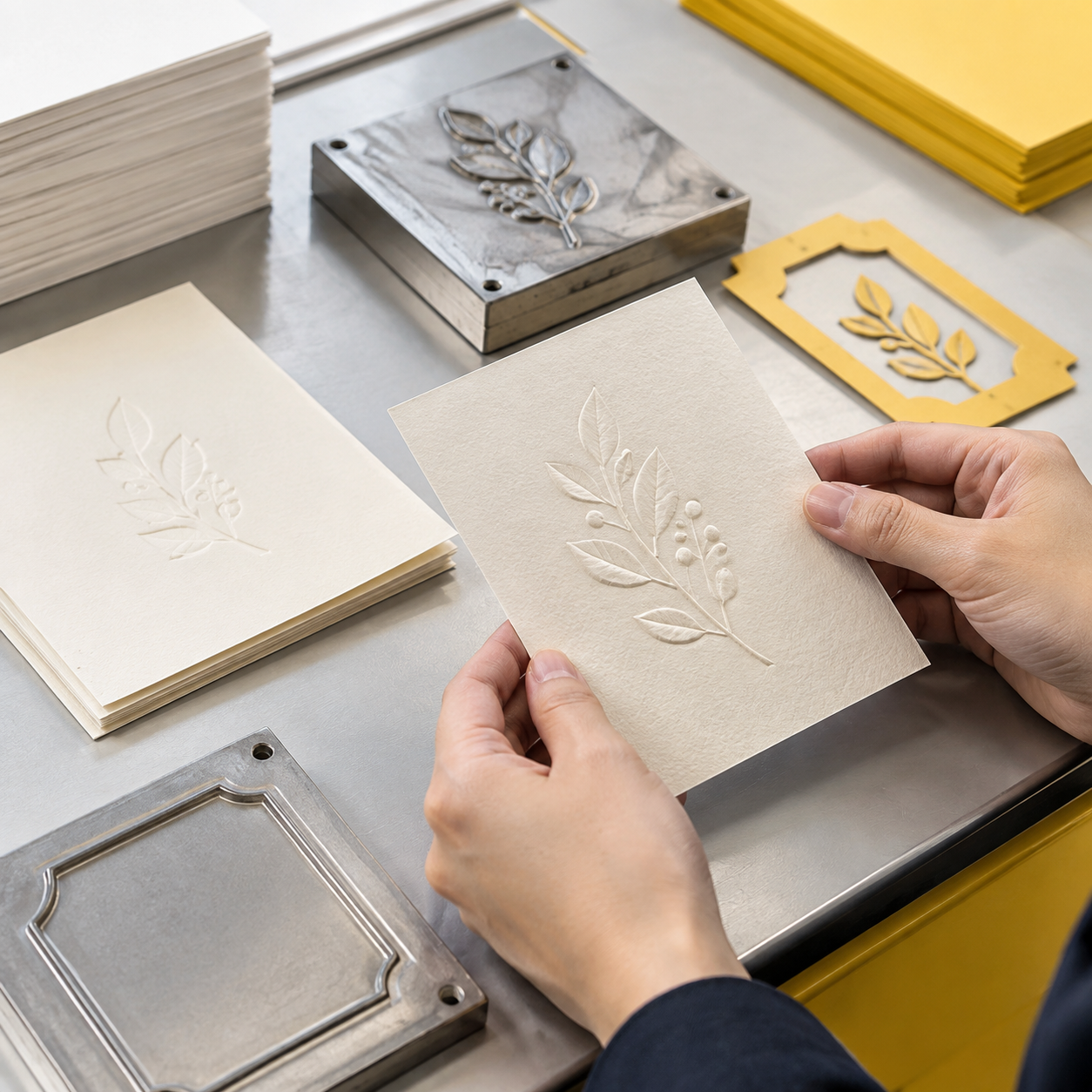 Cartes gaufrées, échantillons marqués en creux et outils de découpe à la forme pour cartes