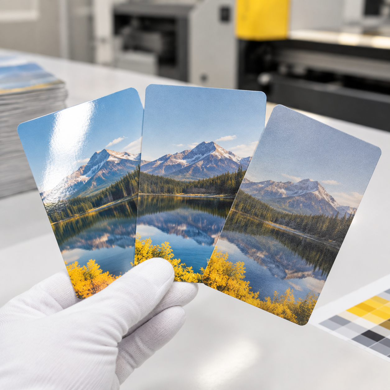 Échantillons de pelliculage brillant, mat et au toucher doux pour cartes comparés sous une lumière de contrôle