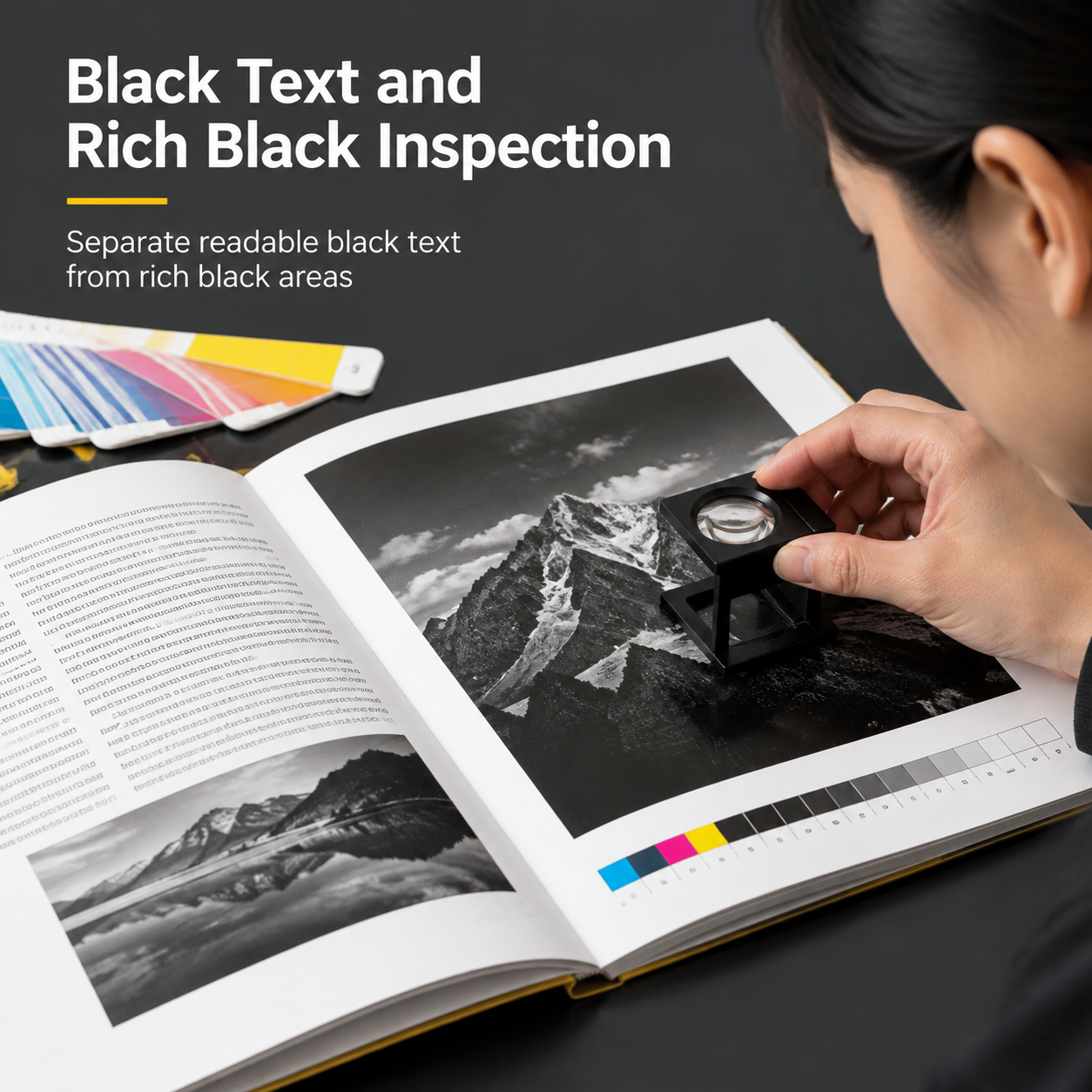 Contrôle prépresse du texte noir et des aplats de noir enrichi dans un intérieur de livre