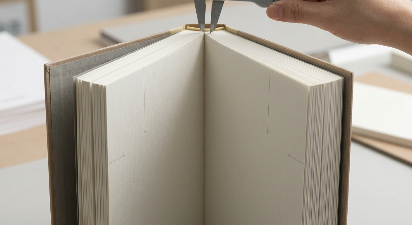 كتلة صفحات كتاب تُظهر حجم الورق وبنية الصفحات والهامش الداخلي وتخطيط الكعب