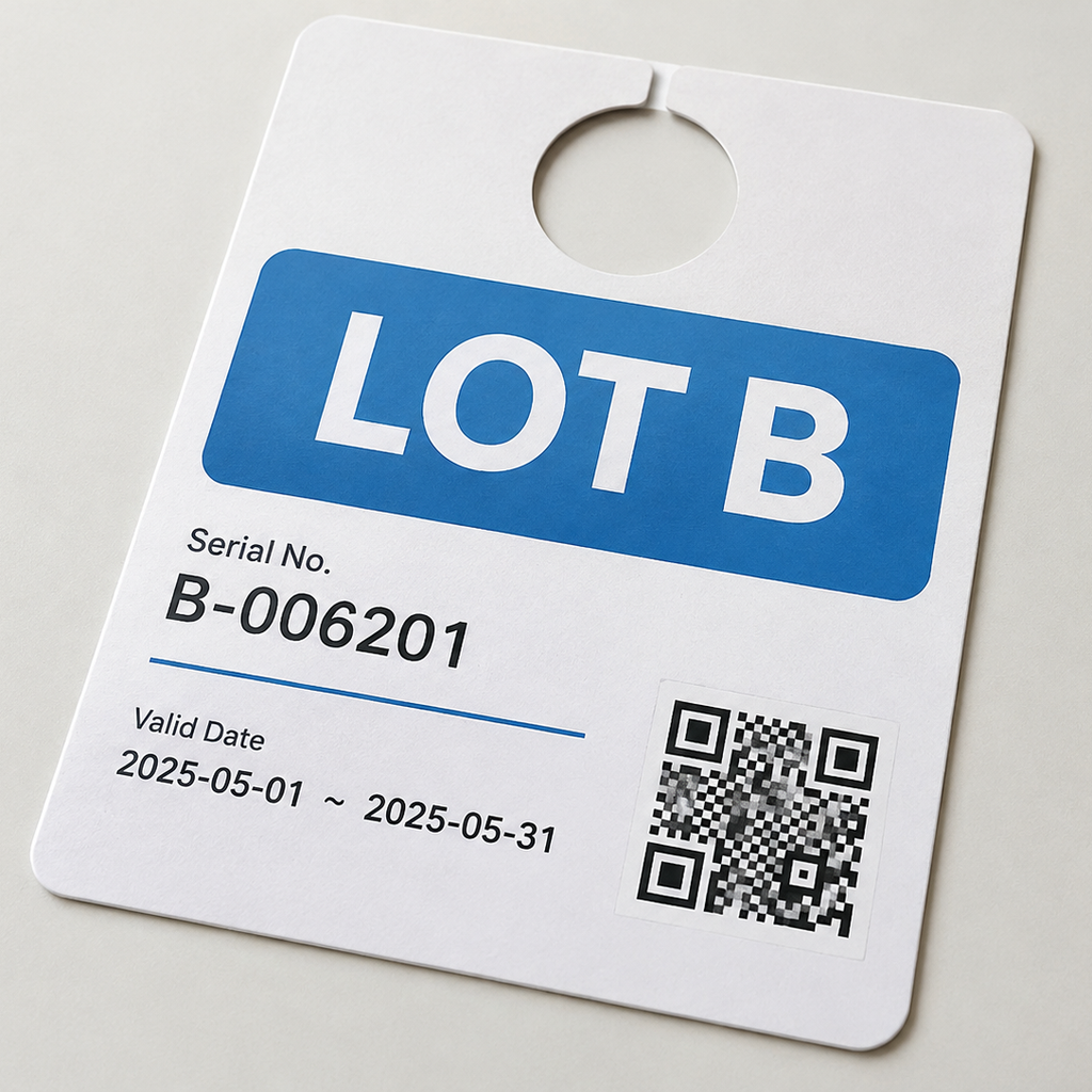 تخطيط نموذجي لتصاريح مواقف برموز QR، يتضمن تسمية منطقة كبيرة ورقماً تسلسلياً مقروءاً منفصلاً.