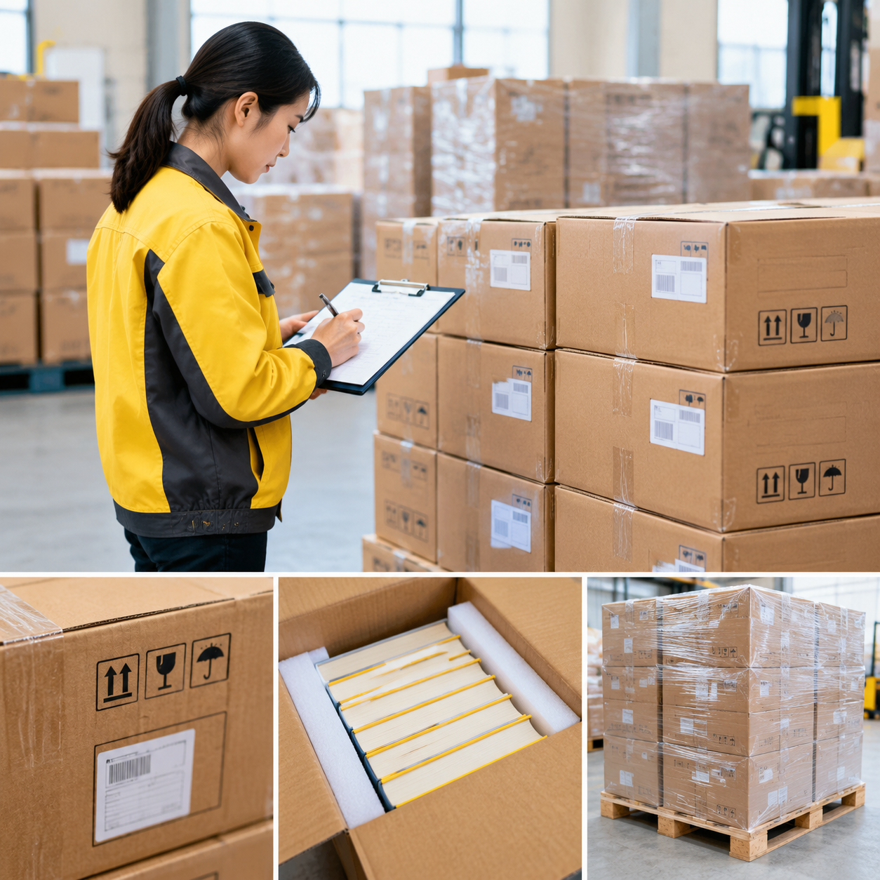Inspección previa al envío de cajas de libros y marcas de exportación