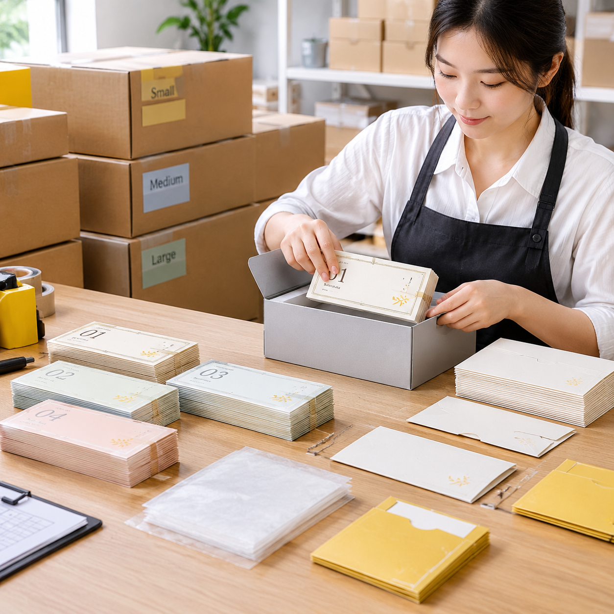 Certificats-cadeaux numérotés emballés avec enveloppes et emballage de protection