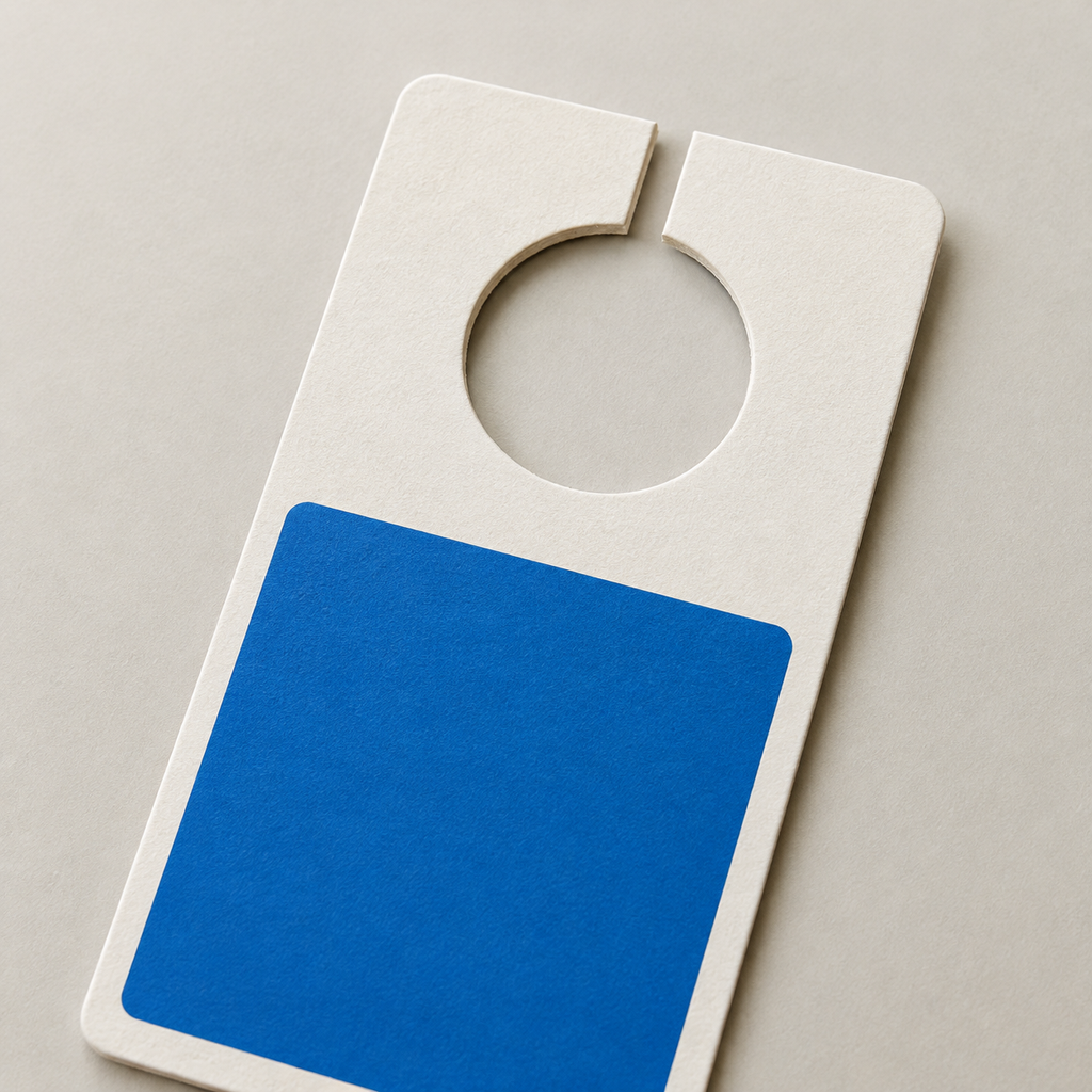 Die-cut parking hang tag with intact material around its opening and a separate information panel.