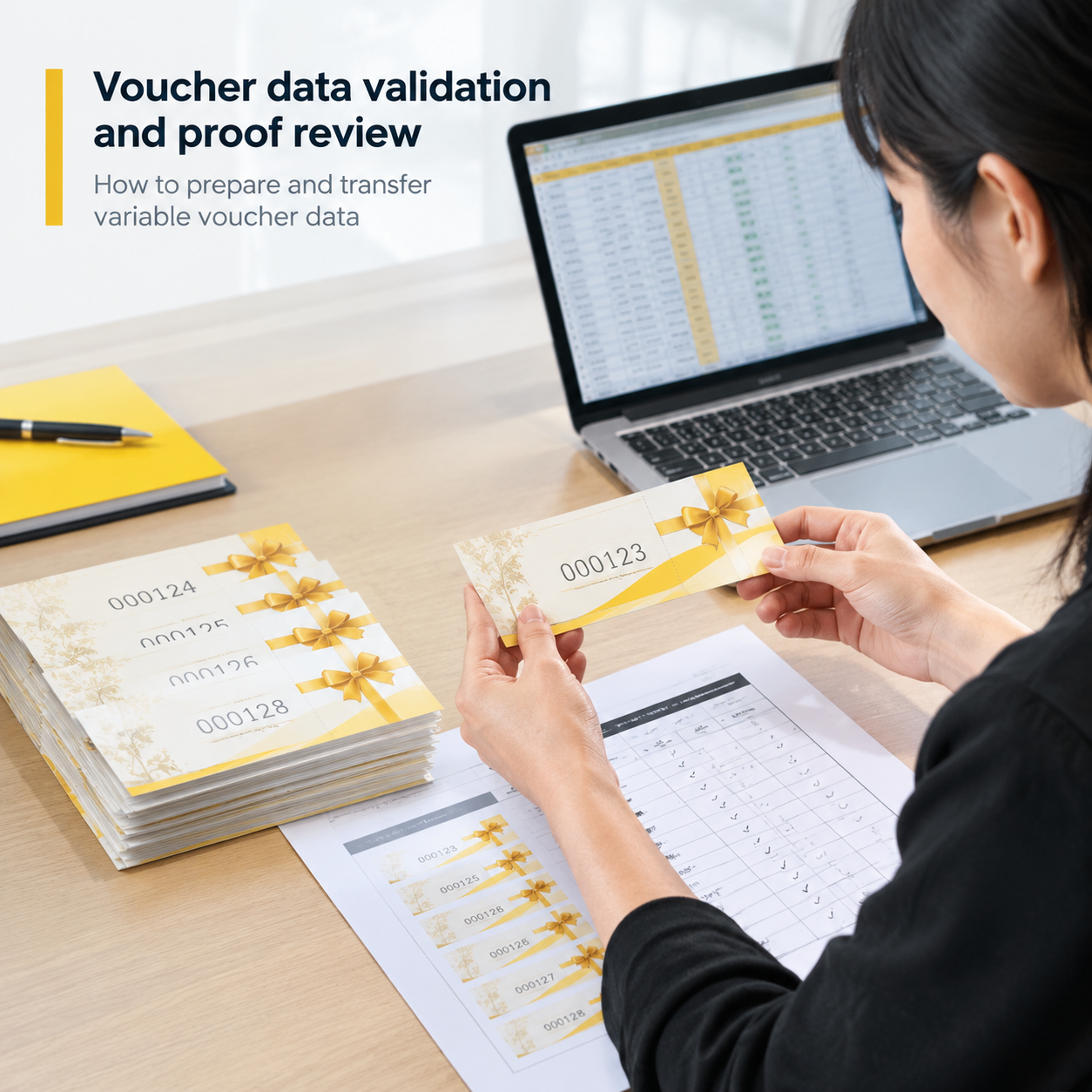 Printed serialized vouchers being checked against a variable data proof and production checklist