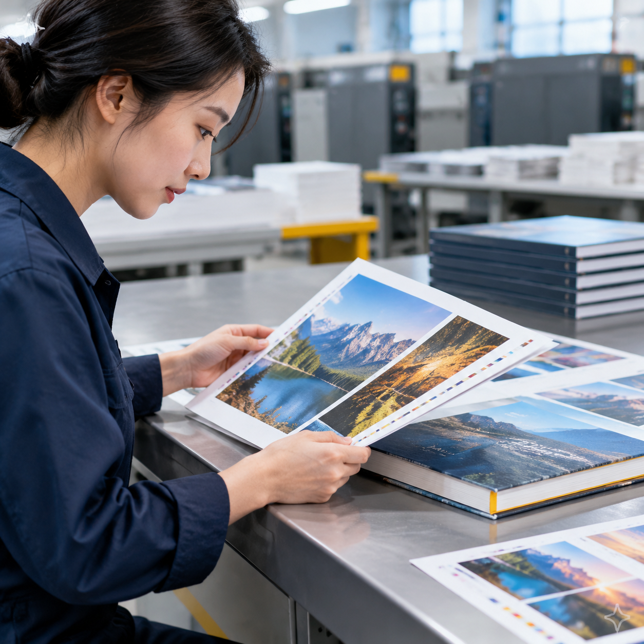 Buyer reviewing a physical yearbook proof and cover sample