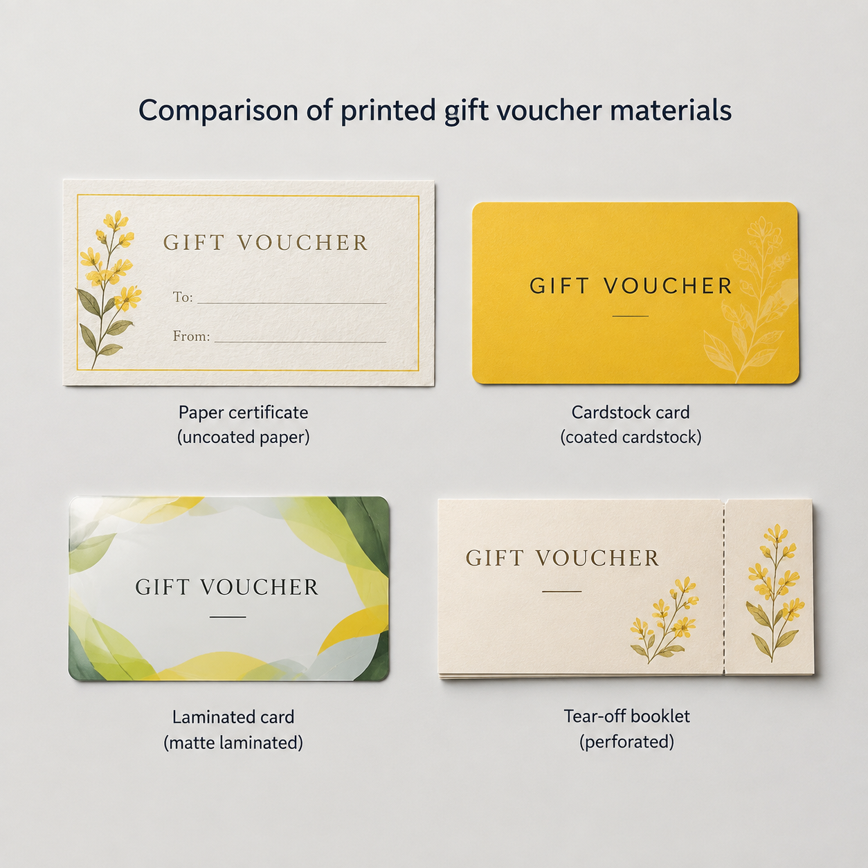 Custom gift vouchers in paper certificate, cardstock card, laminated card, and tear-off formats