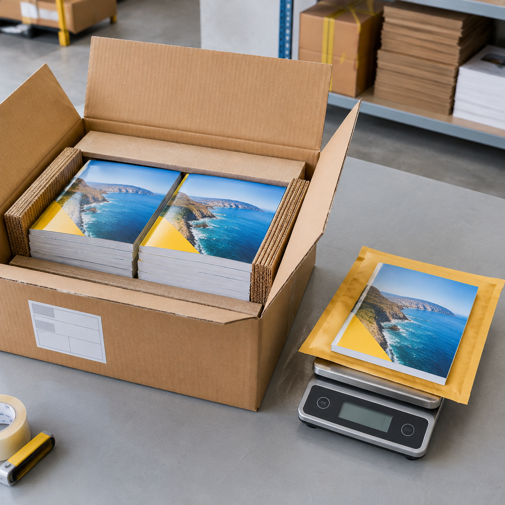 Illustrative catalog carton packing and a finished mailing sample for checking US distribution weight.