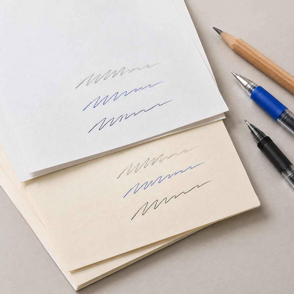 White and cream uncoated notebook paper samples with pencil and pen strokes