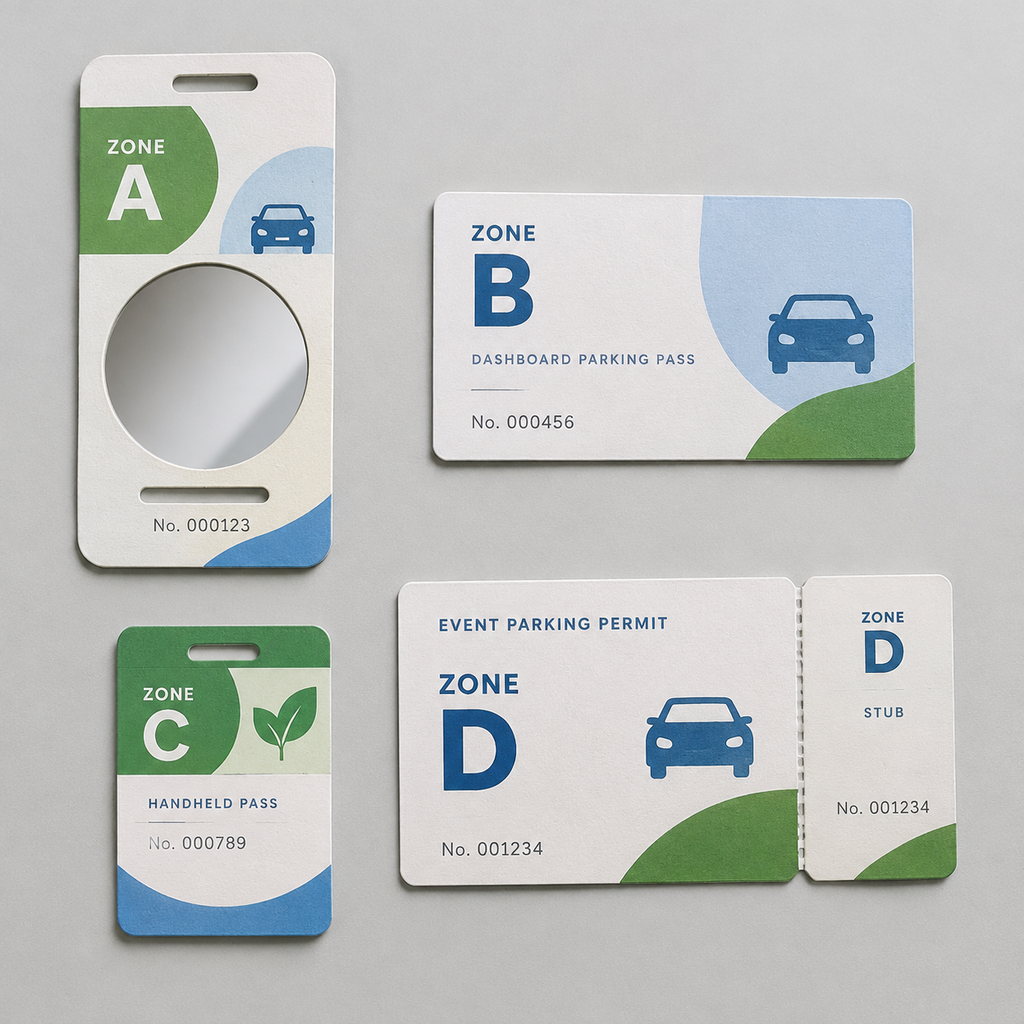 Hang tag, dashboard card, handheld pass and perforated event parking permit samples.