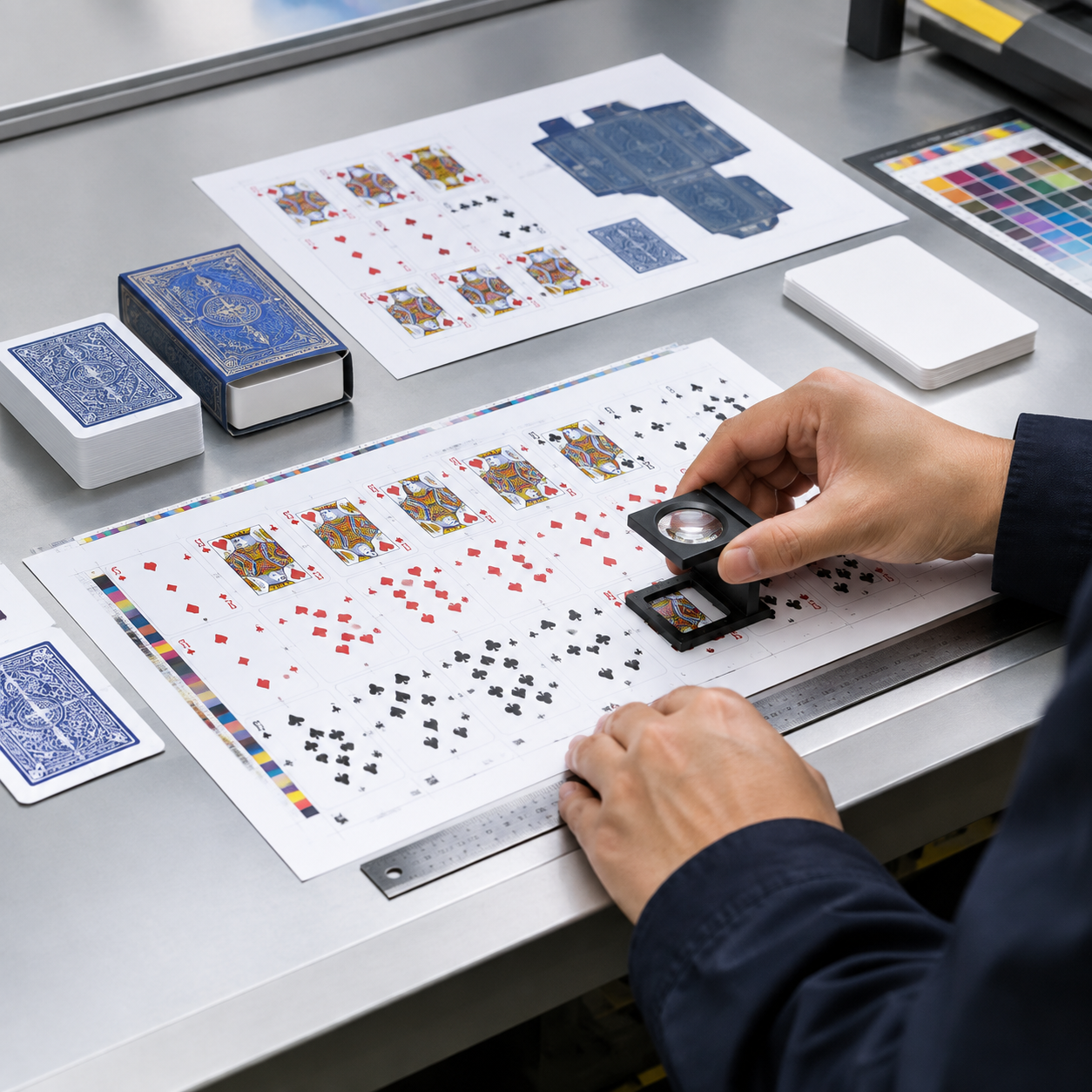 Physical playing card proof, deck map and tuck box being reviewed before production
