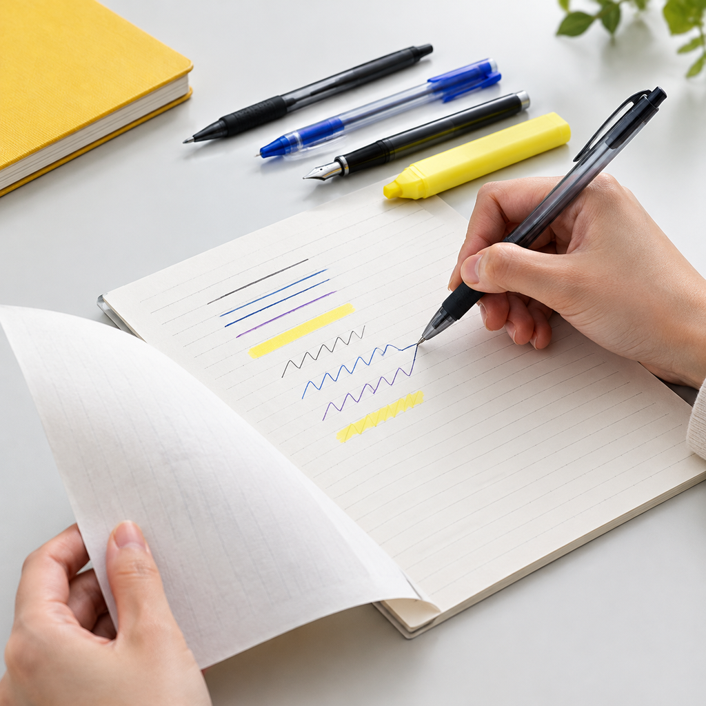 Notebook paper being tested with different pens and inspected on the reverse side