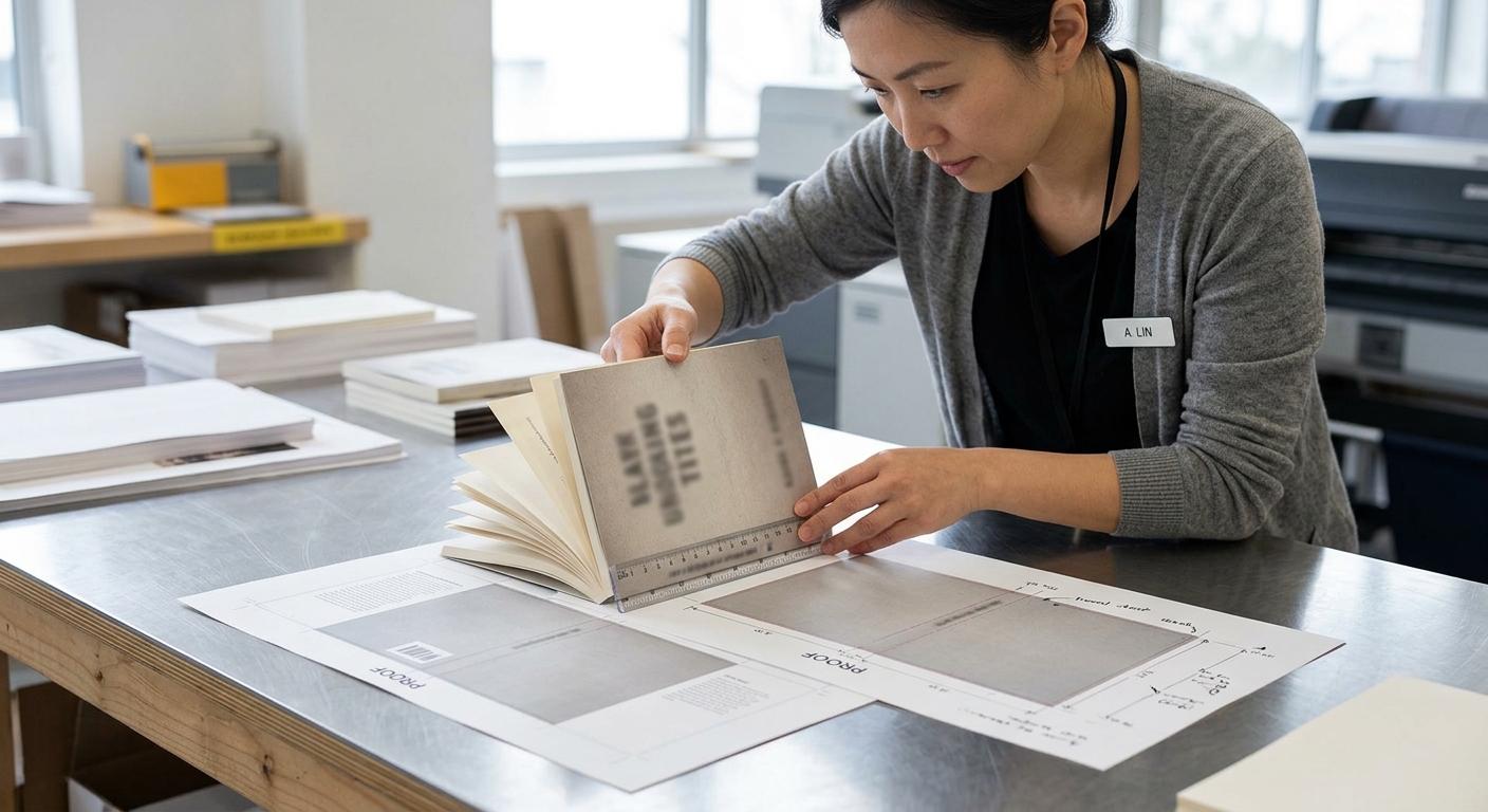 Printed book proof being checked for spine alignment and cover dimensions