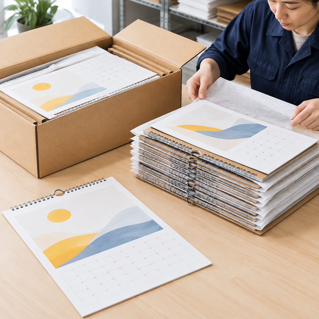 Wall calendars packed flat with protective boards and supported Wire-O hardware