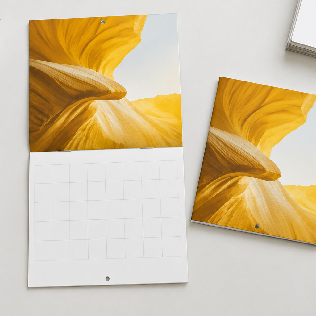 Open saddle stitch calendar showing the center fold and corresponding drilled holes on both panels