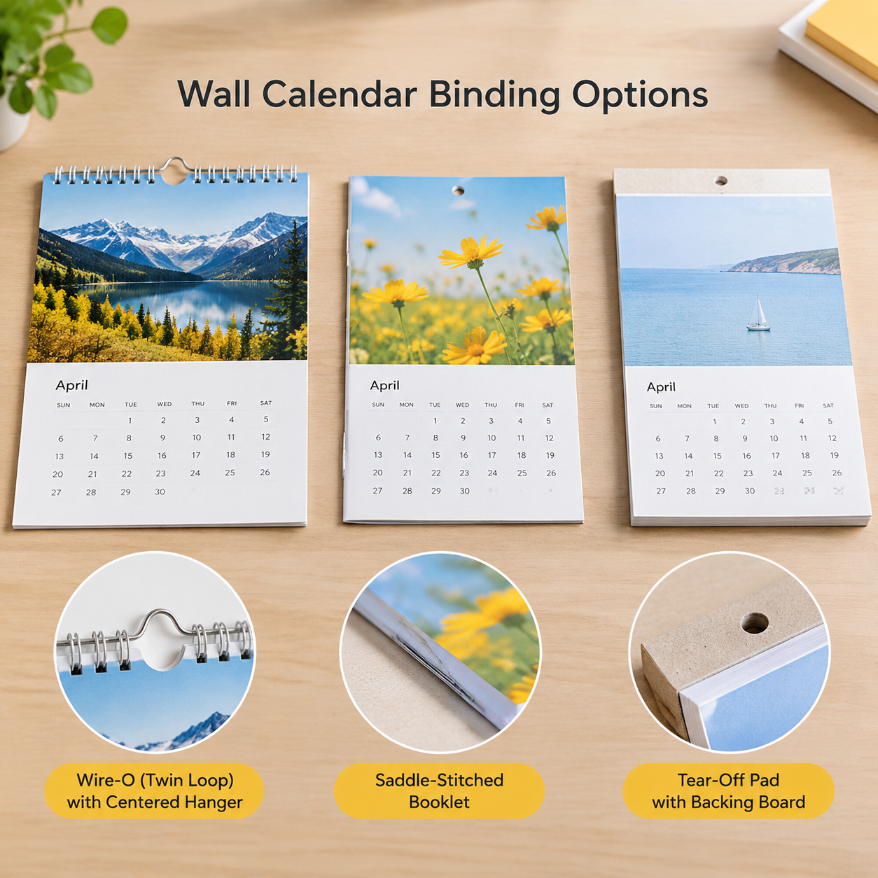 Wire-O wall calendar, saddle-stitched calendar, and tear-off binding comparison