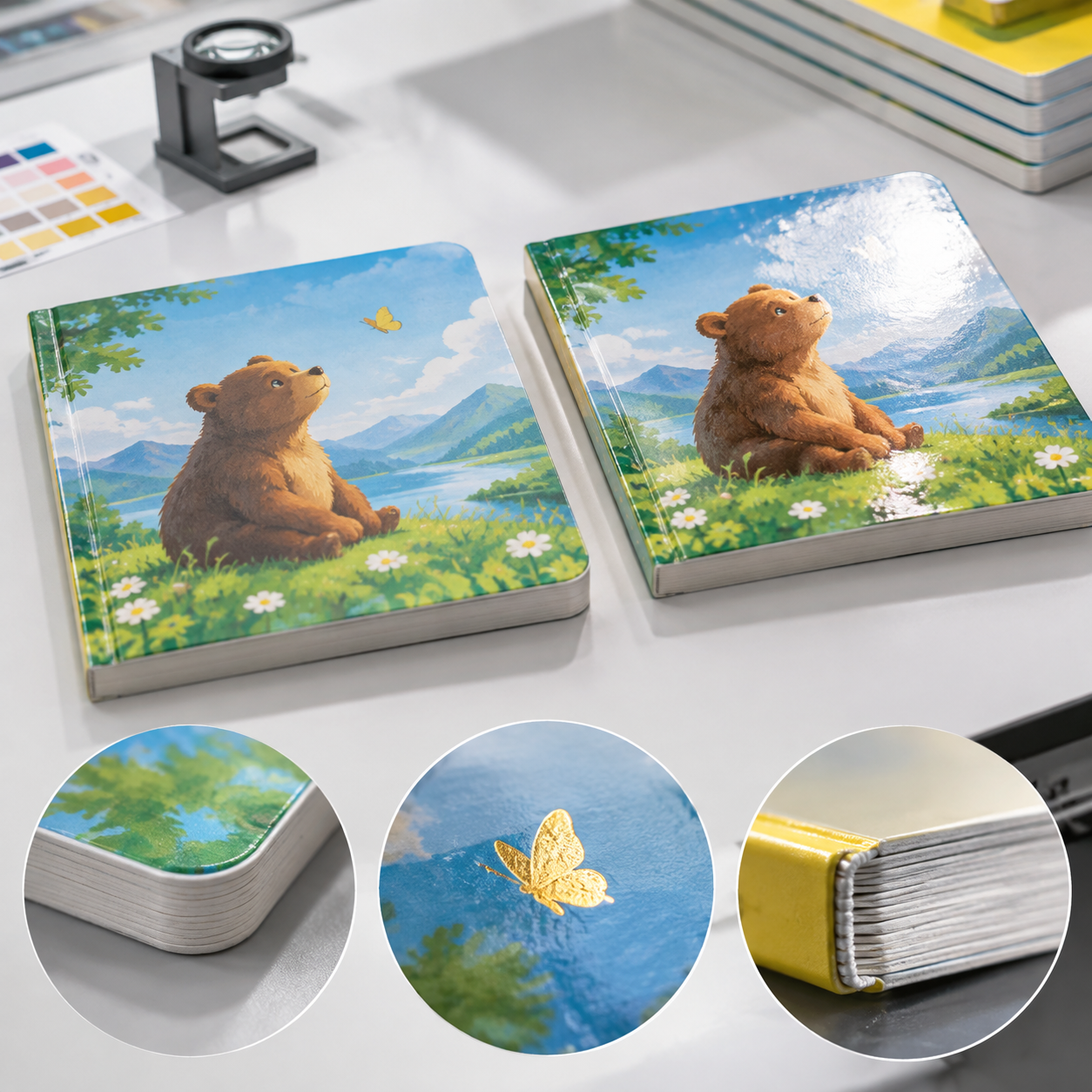 Matte, gloss, rounded-corner, and foil board book finish samples