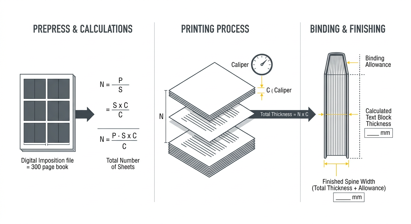 Diagram of the page count and paper caliper formula for a book spine