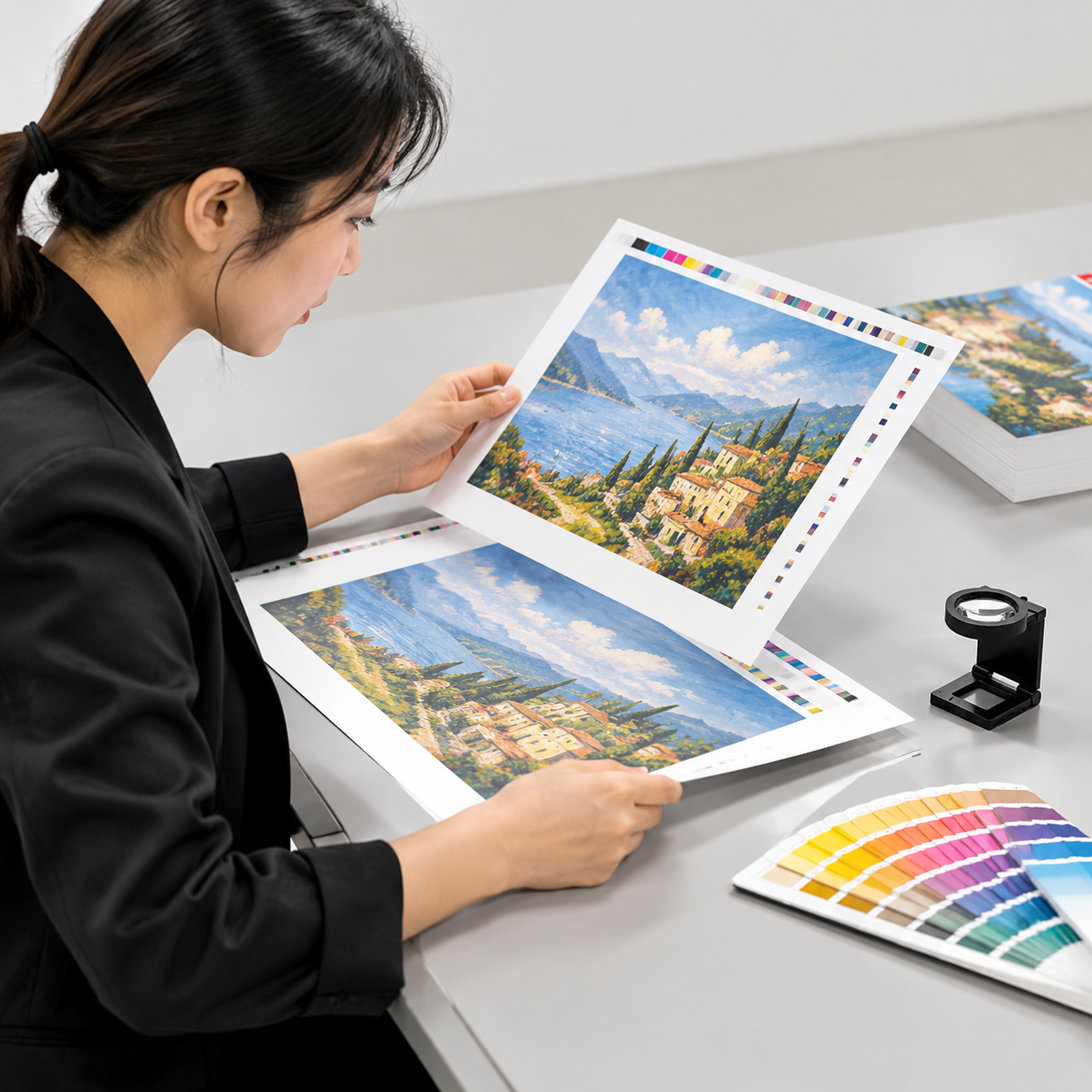 Buyer reviewing a book printing proof against a printed sheet