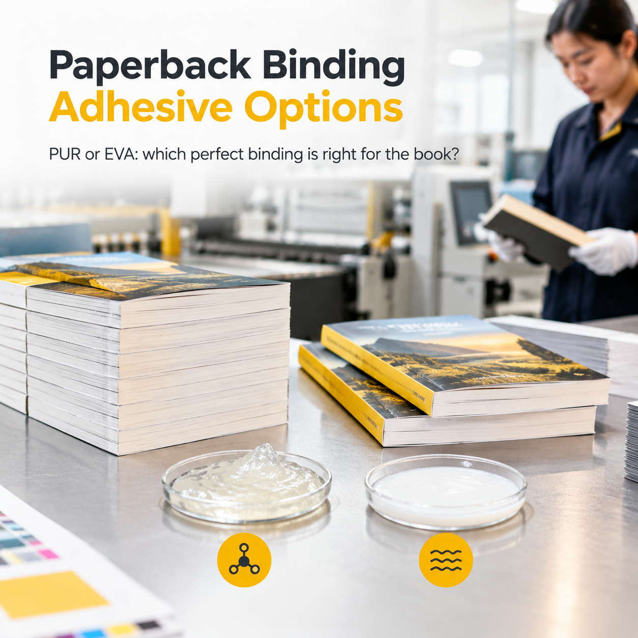Paperback book binding adhesive options for PUR and EVA perfect binding