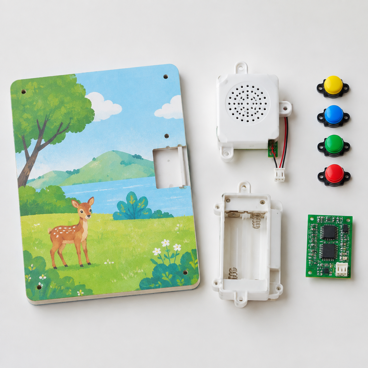 Sound module, buttons, speaker and battery housing beside a printed book panel