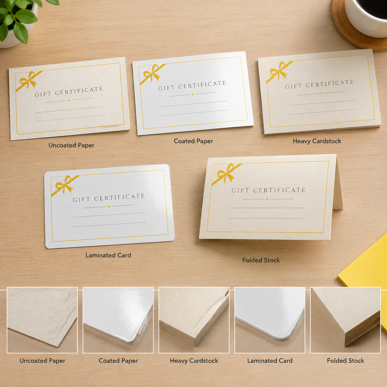 Comparison of paper and cardstock materials for printed gift certificates