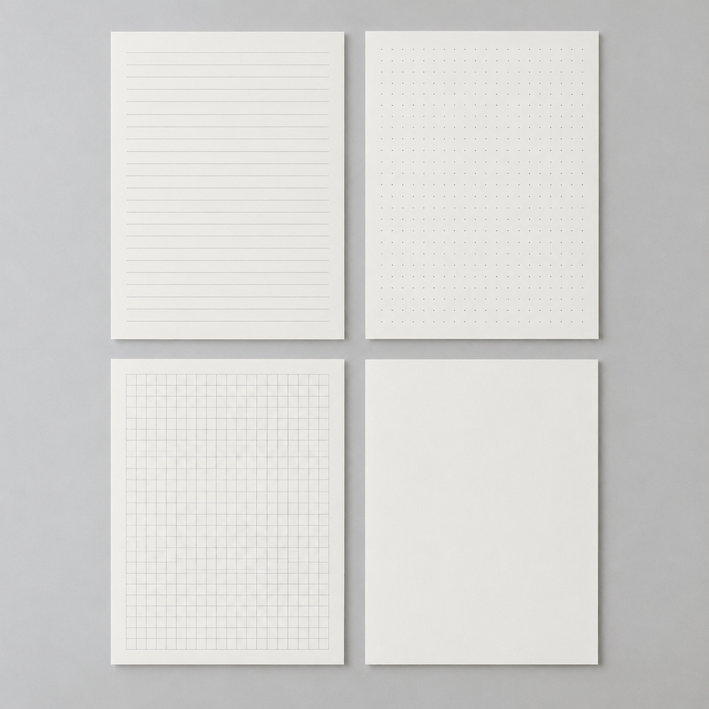 Custom ruled pages showing lined, dotted, grid, and blank notebook layouts