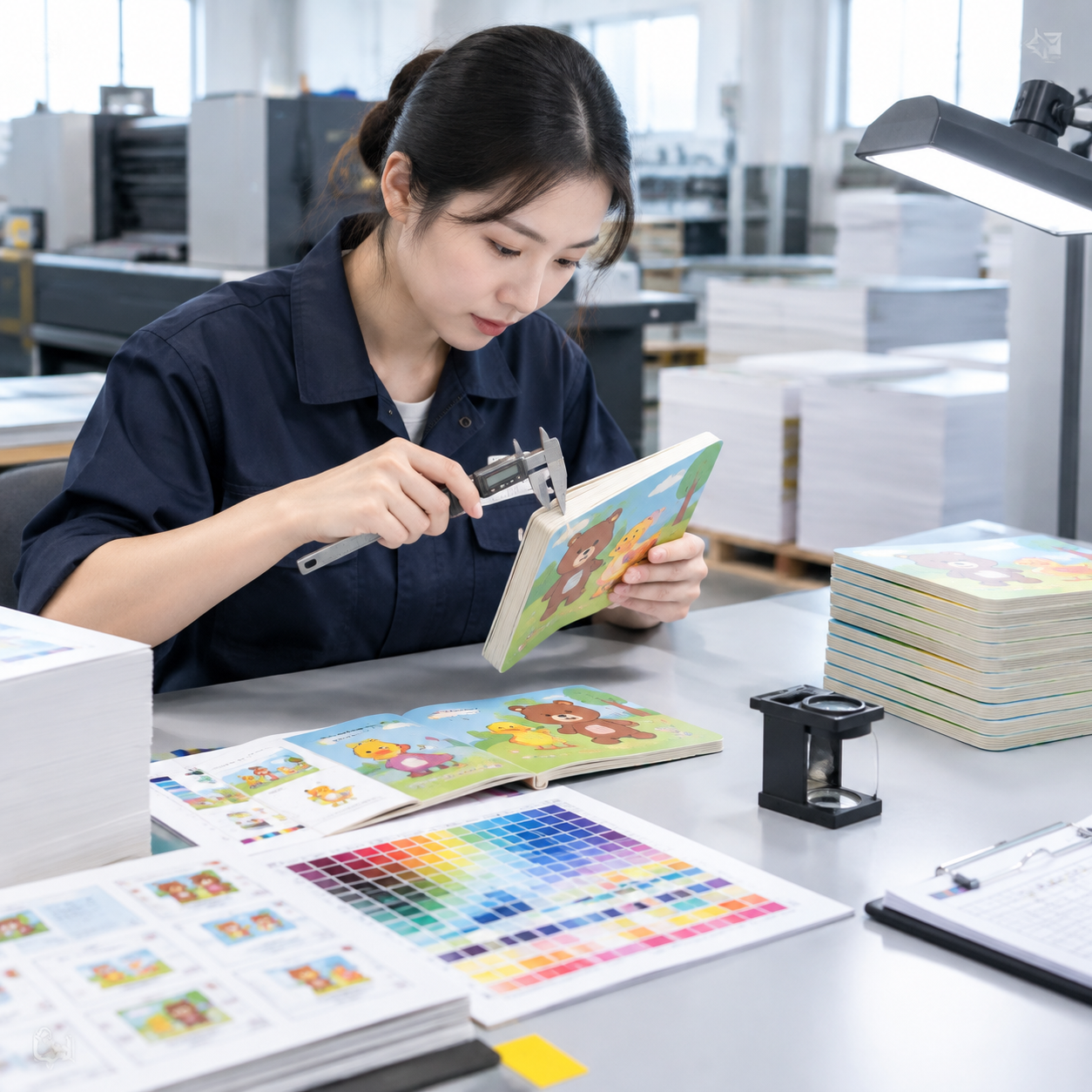 Quality inspector checking a toddler board book proof and page construction