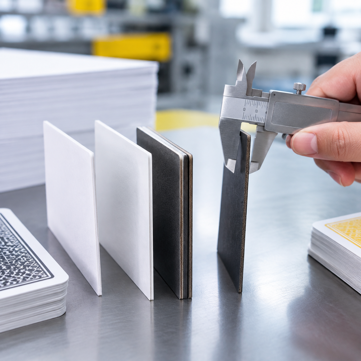 Playing card stock samples with opaque cores being measured for thickness