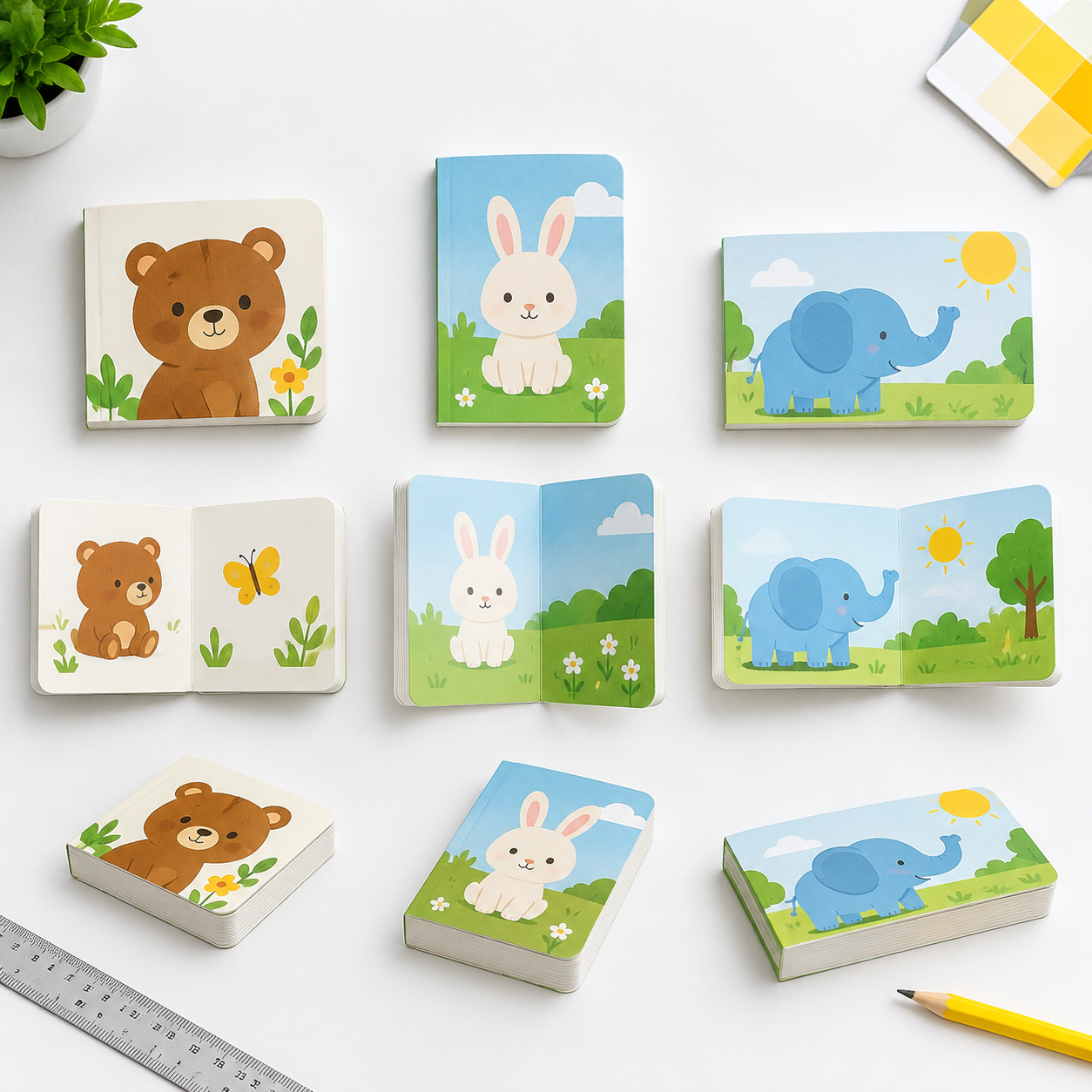 Square, portrait, and landscape toddler board book formats compared